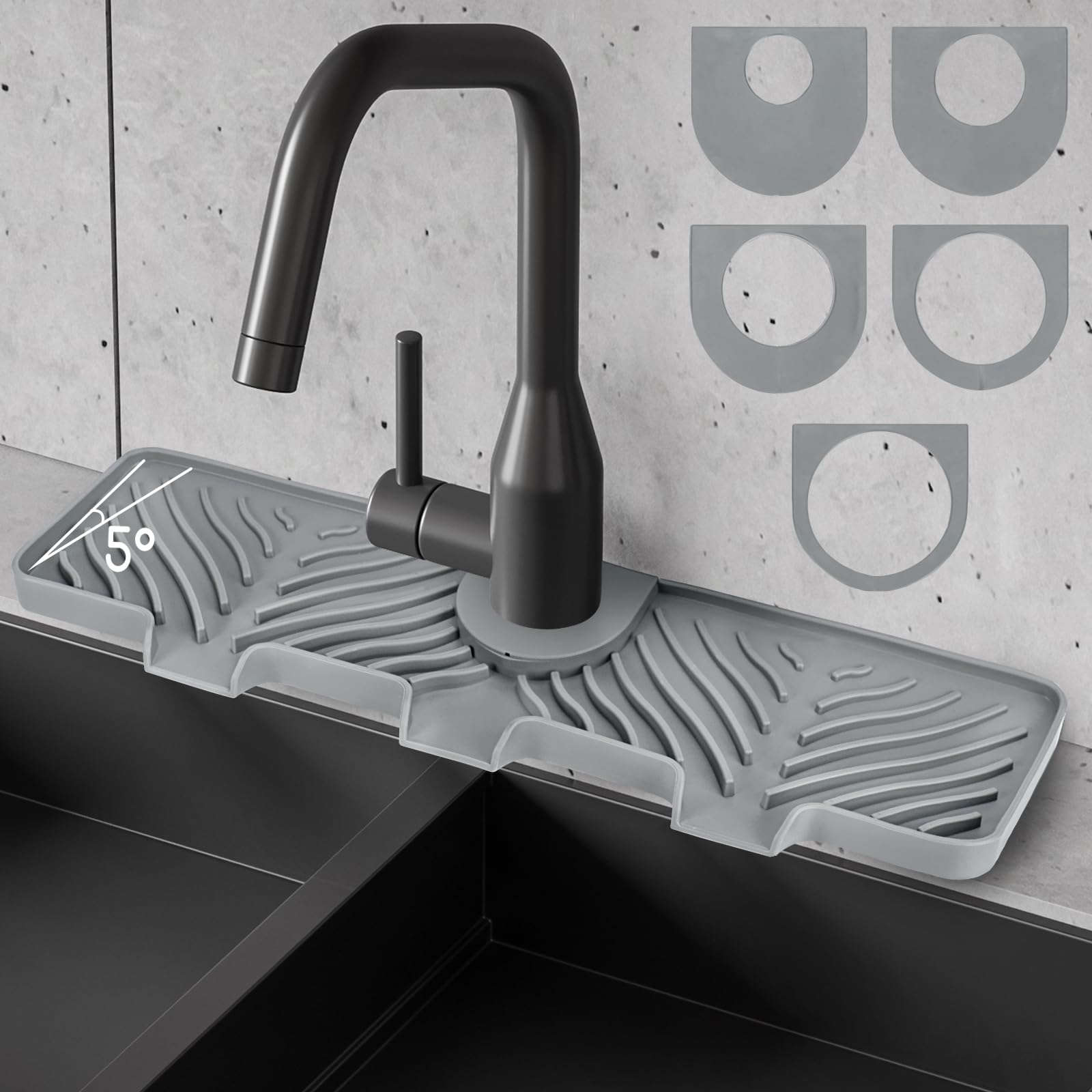 Silicone Faucet Splash Guard - 5°Slope Kitchen Sink Splash Guard, 14.6x5.2x0.8 Inch Faucet Mat for Kitchen Sink with 5 Sizes of Rubber Rings, Silicone Sink Mat for Kitchen Bathroom(Black)